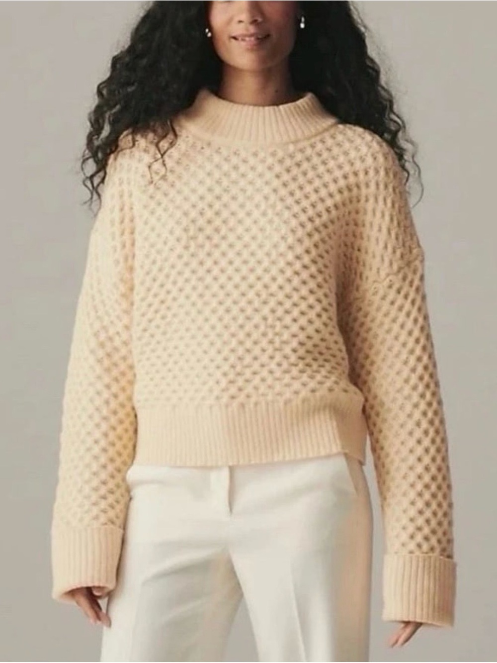 J.Crew Honeycomb Mock Neck Sweater Size M Candlelight Lambswool Chunky Knit